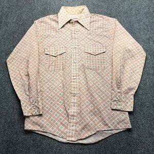 Vintage Bronco Mens Western Pearl Snap Shirt Orange Plaid Medium USA Made